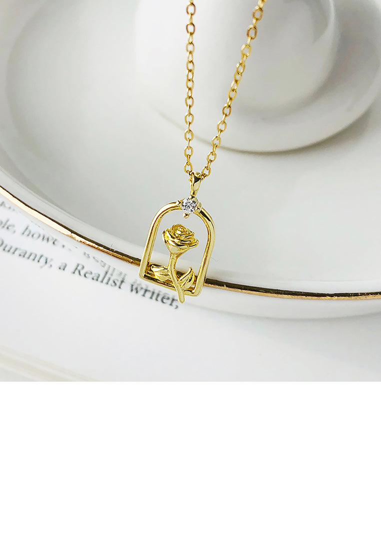 925 Sterling Silver Plated Gold Fashion Romantic Rose Openwork Geometric Pendant with Cubic Zirconia and Necklace - Luxurious Look