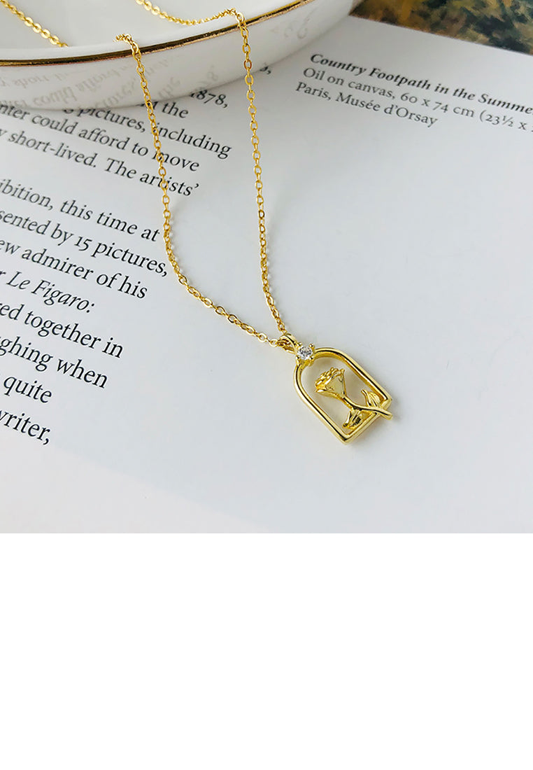 925 Sterling Silver Plated Gold Fashion Romantic Rose Openwork Geometric Pendant with Cubic Zirconia and Necklace - Luxurious Look
