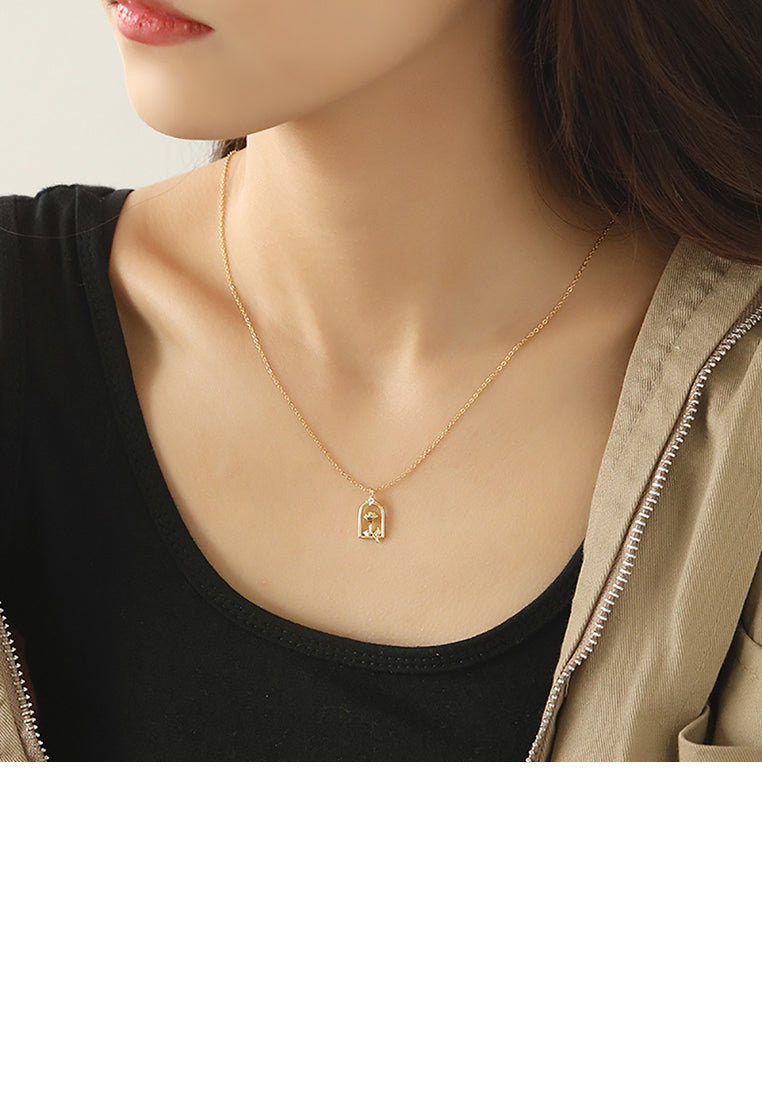 925 Sterling Silver Plated Gold Fashion Romantic Rose Openwork Geometric Pendant with Cubic Zirconia and Necklace - Luxurious Look