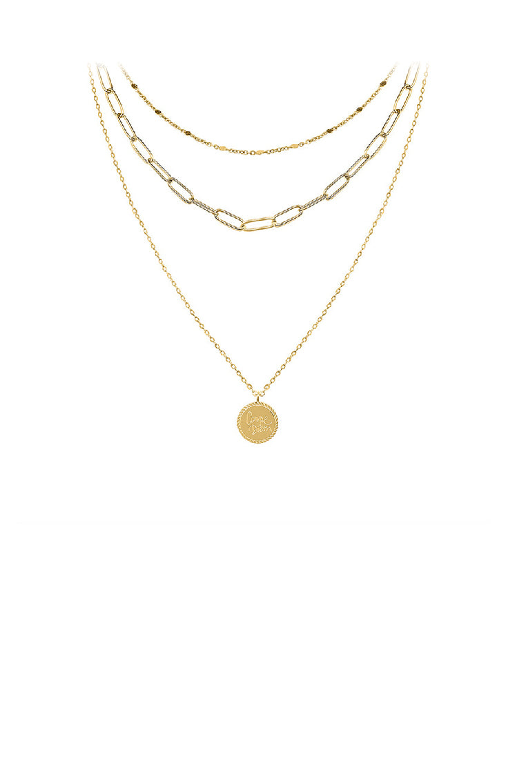 Simple Fashion Plated Gold 316L Stainless Steel Geometric Round Pendant with Three Layer Necklace