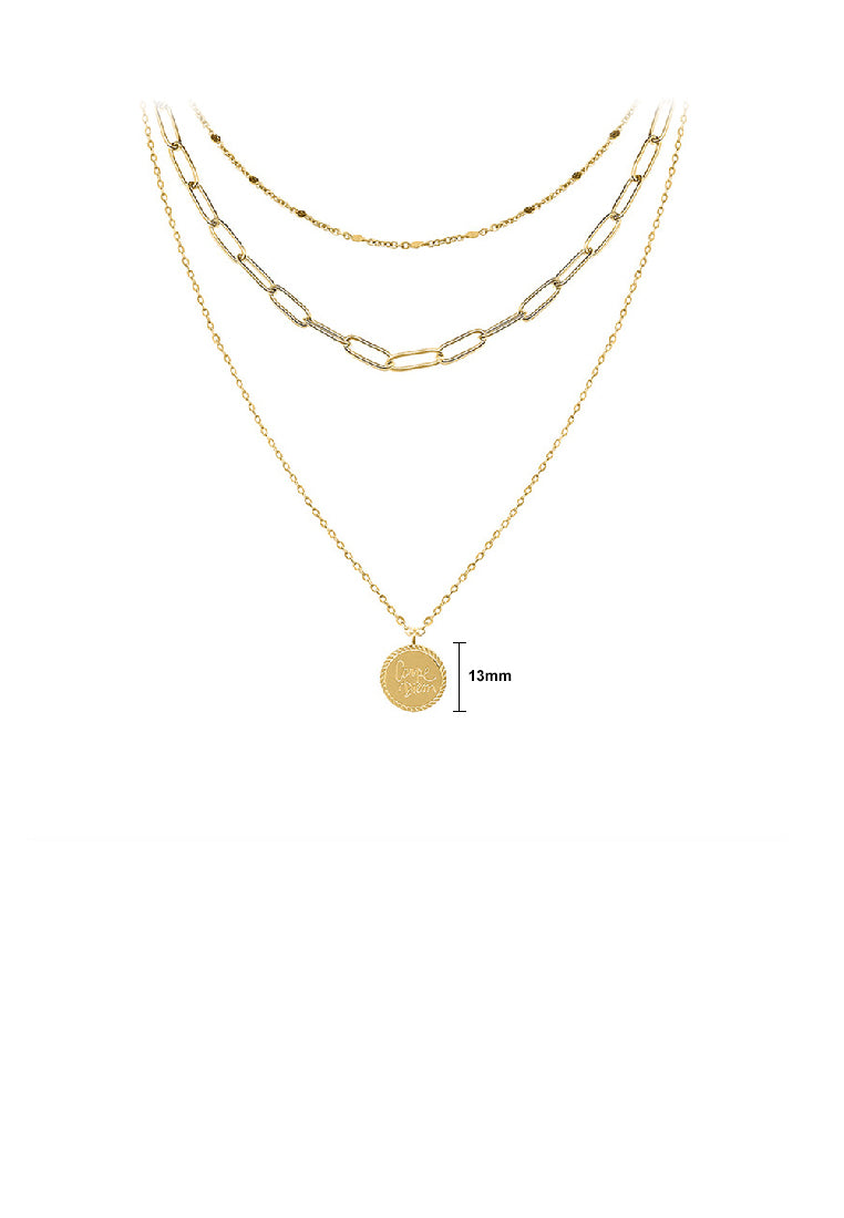 Simple Fashion Plated Gold 316L Stainless Steel Geometric Round Pendant with Three Layer Necklace