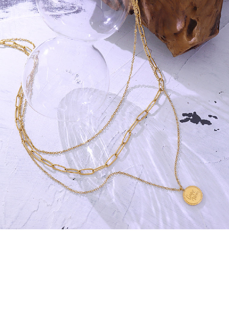 Simple Fashion Plated Gold 316L Stainless Steel Geometric Round Pendant with Three Layer Necklace