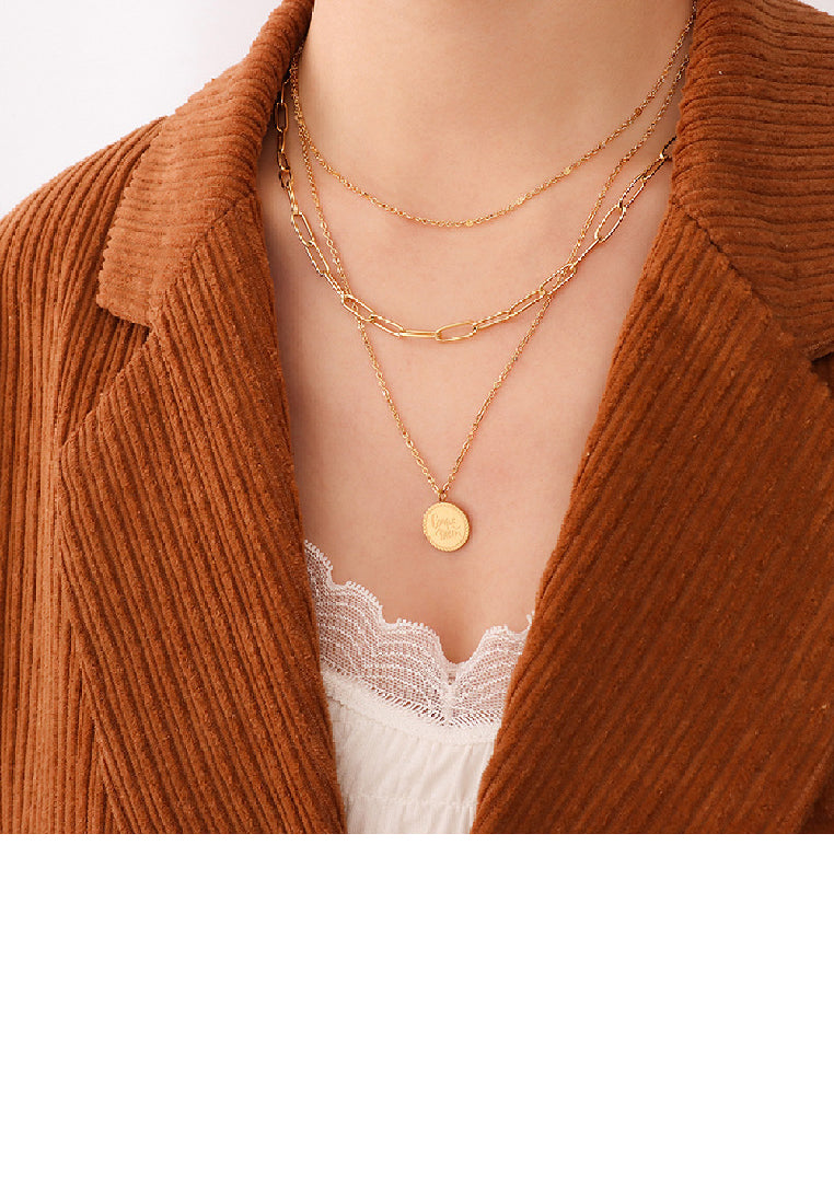 Simple Fashion Plated Gold 316L Stainless Steel Geometric Round Pendant with Three Layer Necklace