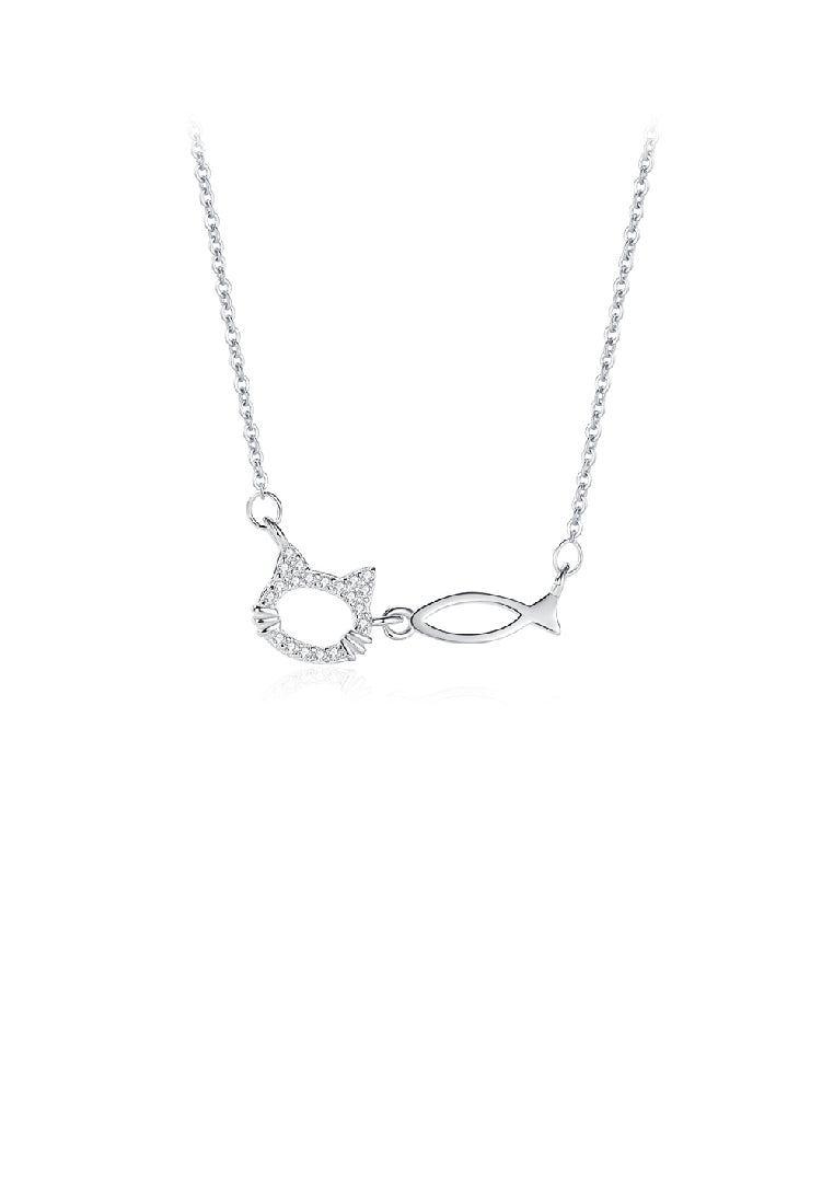 925 Sterling Silver Fashion Temperament Cat and Fish Pendant with Cubic Zirconia and Necklace - Luxurious Look