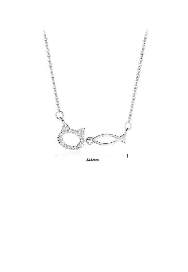 925 Sterling Silver Fashion Temperament Cat and Fish Pendant with Cubic Zirconia and Necklace - Luxurious Look