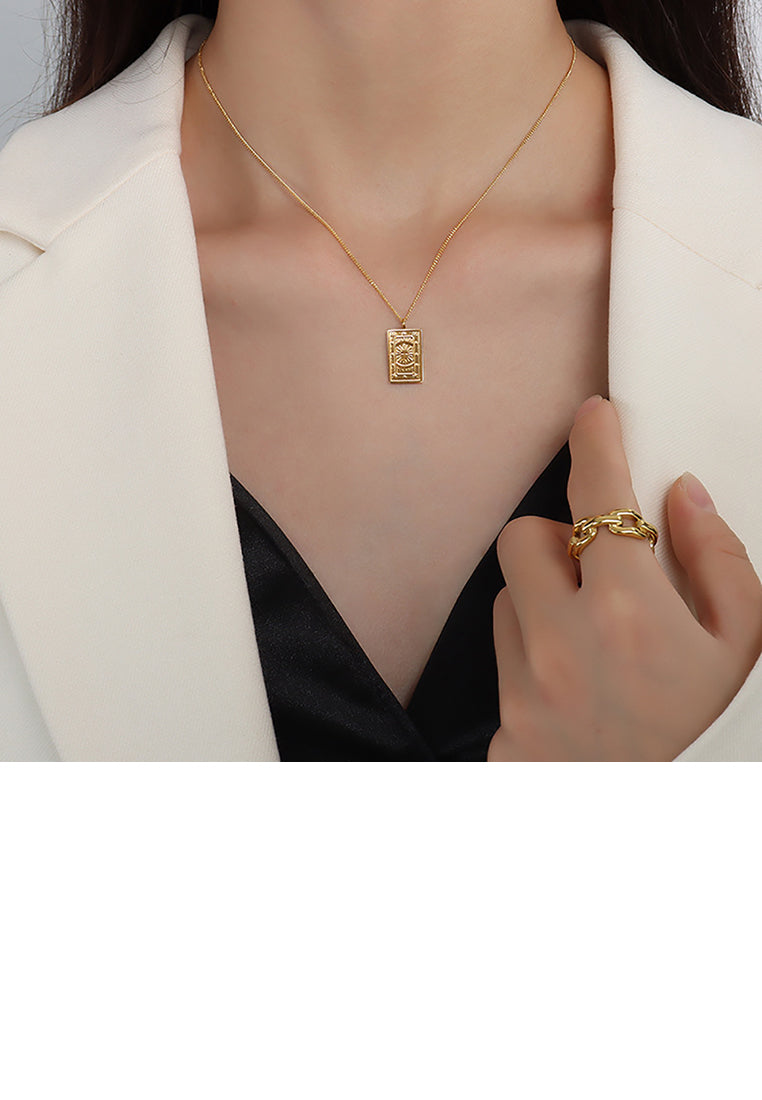 Fashion Simple Plated Gold 316L Stainless Steel Sun Pattern Geometric Square Pendant with Necklace