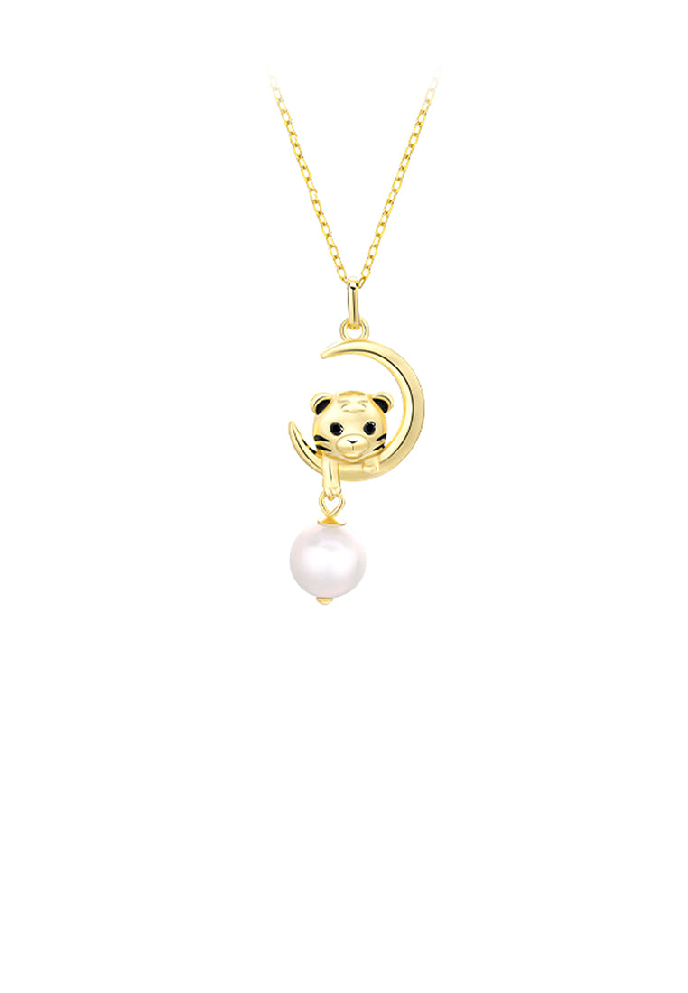 925 Sterling Silver Plated Gold Fashion Cute Twelve Zodiac Tiger Pendant with Freshwater Pearl and Necklace - Luxurious Look