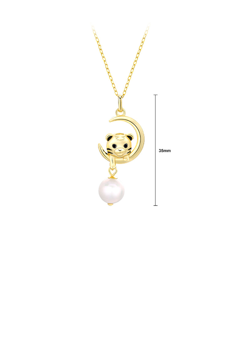 925 Sterling Silver Plated Gold Fashion Cute Twelve Zodiac Tiger Pendant with Freshwater Pearl and Necklace - Luxurious Look