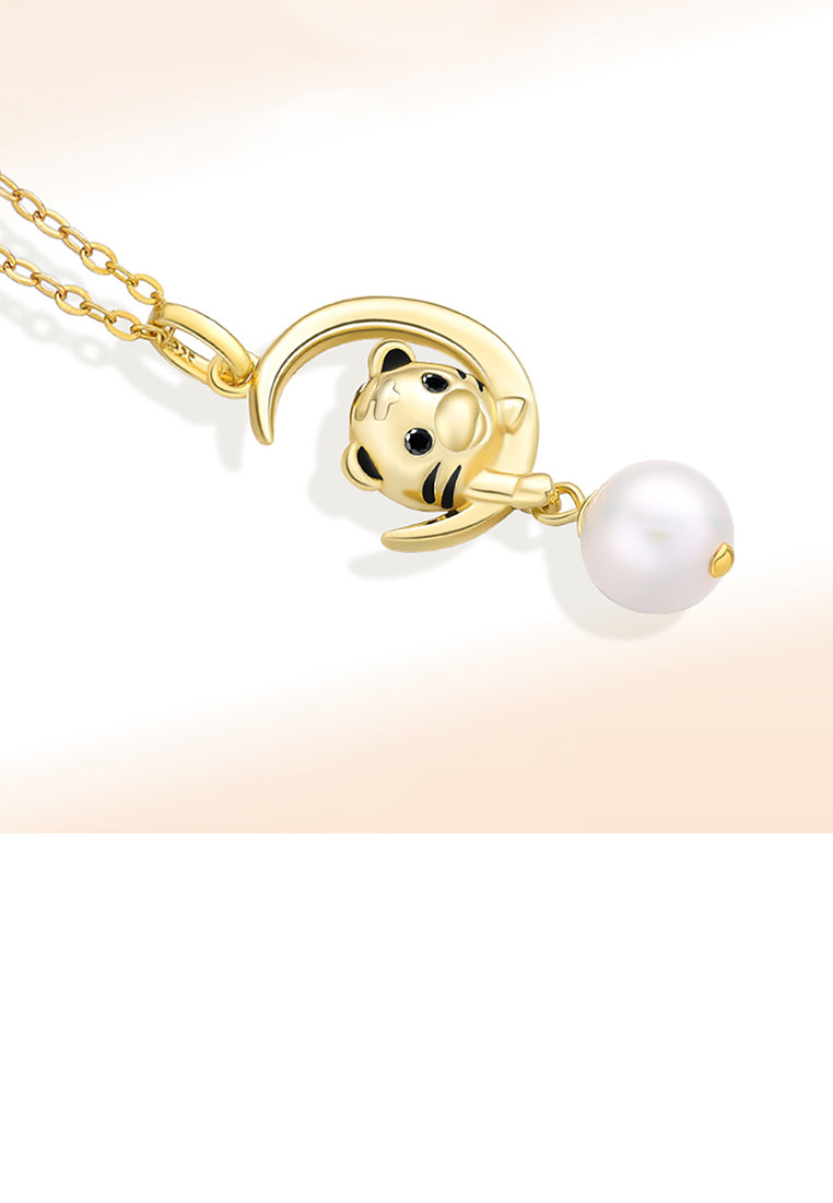 925 Sterling Silver Plated Gold Fashion Cute Twelve Zodiac Tiger Pendant with Freshwater Pearl and Necklace - Luxurious Look
