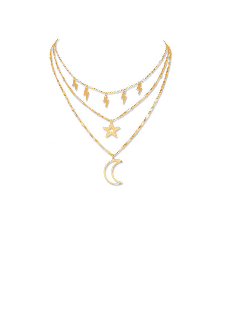 Fashion Simple Plated Gold Moon Star Pendant with Lightning Layered Necklace