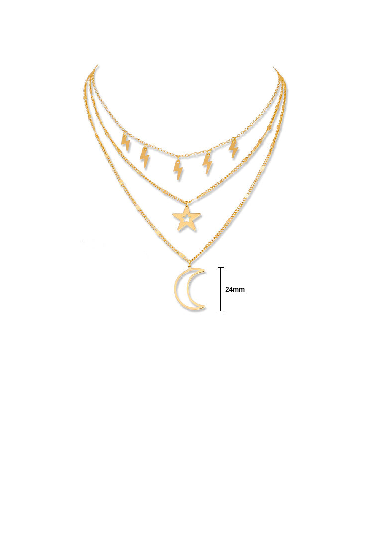 Fashion Simple Plated Gold Moon Star Pendant with Lightning Layered Necklace