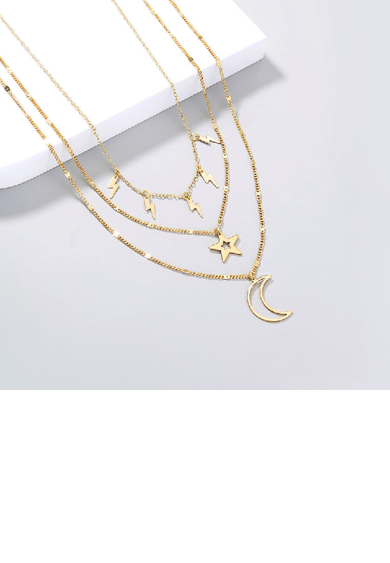 Fashion Simple Plated Gold Moon Star Pendant with Lightning Layered Necklace