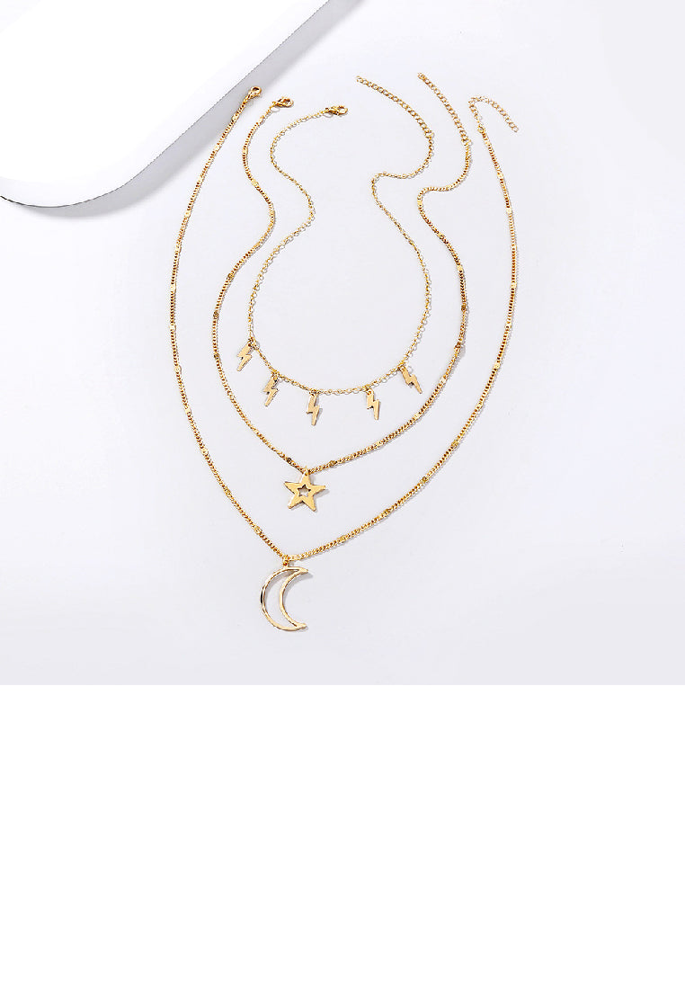 Fashion Simple Plated Gold Moon Star Pendant with Lightning Layered Necklace