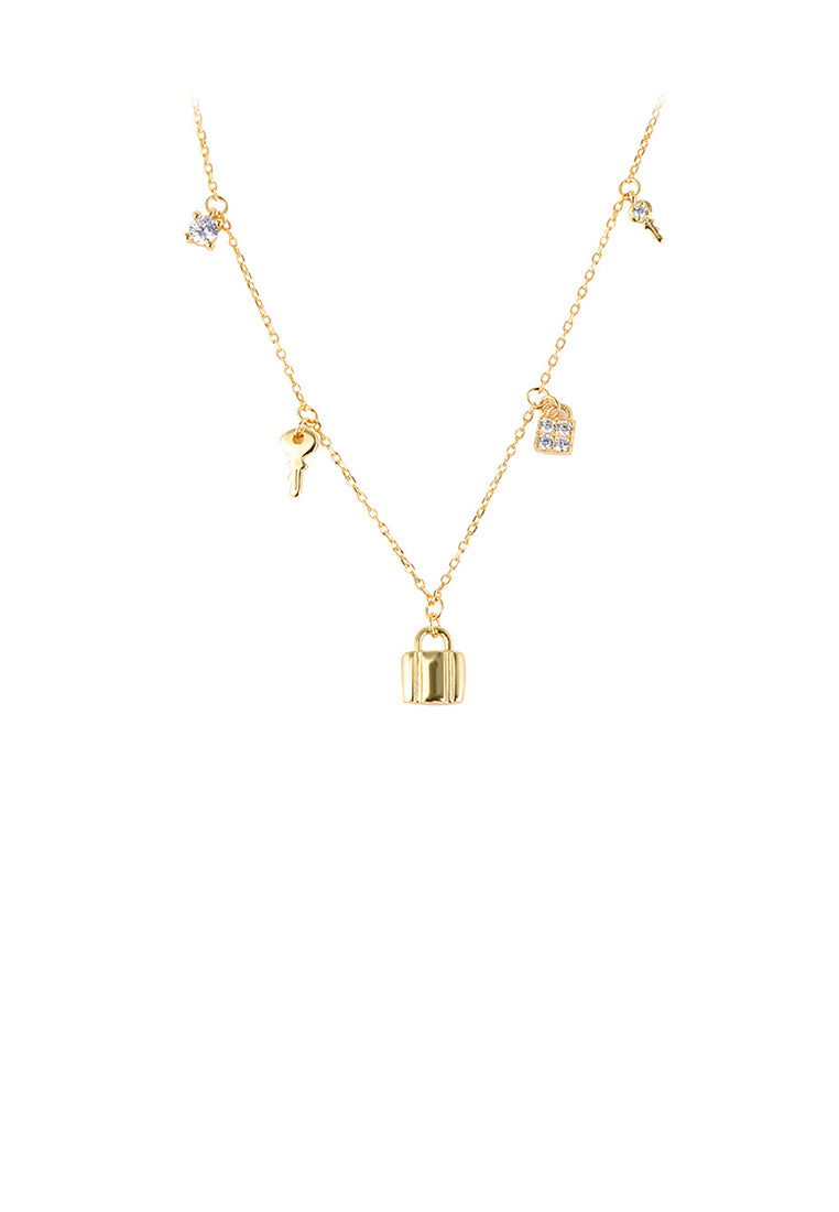 925 Sterling Silver Plated Gold Fashion Simple Lock Key Pendant with Cubic Zirconia and Necklace - Luxurious Look