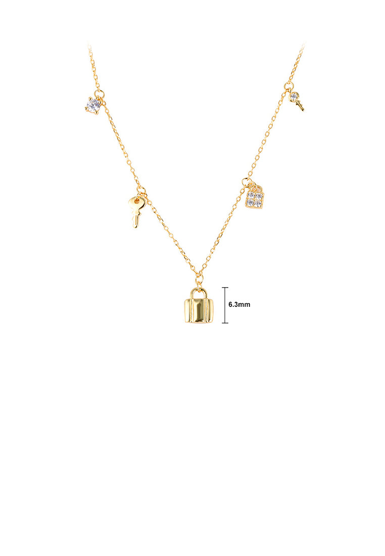 925 Sterling Silver Plated Gold Fashion Simple Lock Key Pendant with Cubic Zirconia and Necklace - Luxurious Look