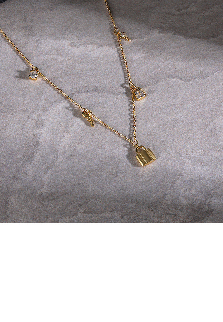 925 Sterling Silver Plated Gold Fashion Simple Lock Key Pendant with Cubic Zirconia and Necklace - Luxurious Look