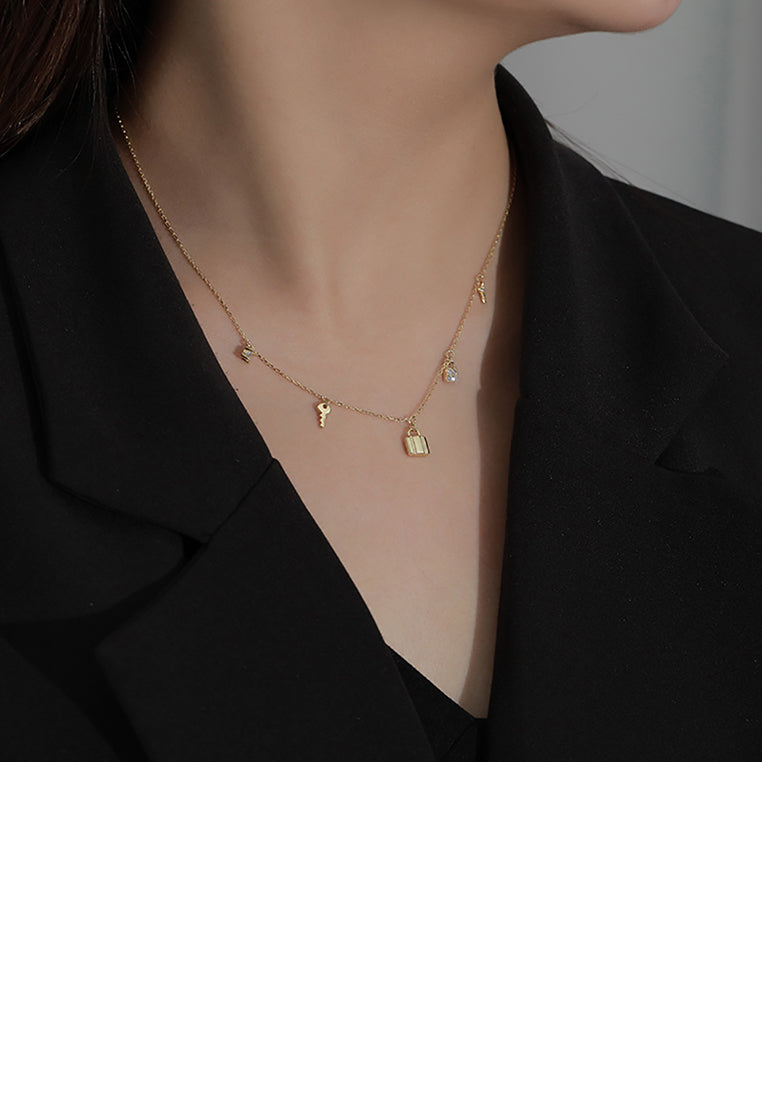925 Sterling Silver Plated Gold Fashion Simple Lock Key Pendant with Cubic Zirconia and Necklace - Luxurious Look
