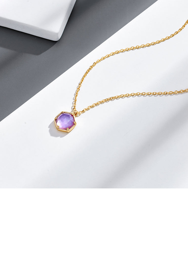 925 Sterling Silver Plated Gold Fashion Simple Lucky Geometric Diamond Amethyst Pendant with Necklace
