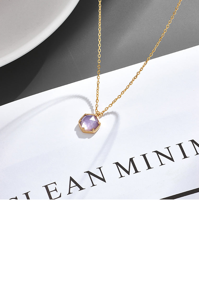 925 Sterling Silver Plated Gold Fashion Simple Lucky Geometric Diamond Amethyst Pendant with Necklace