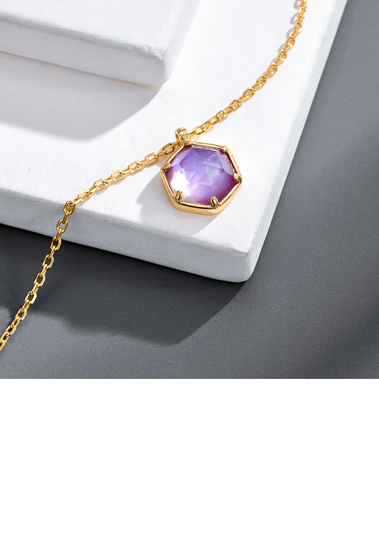 925 Sterling Silver Plated Gold Fashion Simple Lucky Geometric Diamond Amethyst Pendant with Necklace