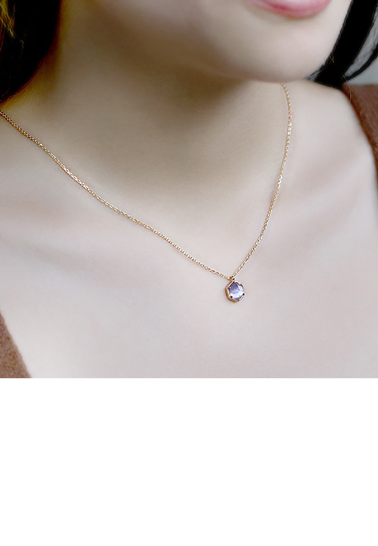 925 Sterling Silver Plated Gold Fashion Simple Lucky Geometric Diamond Amethyst Pendant with Necklace