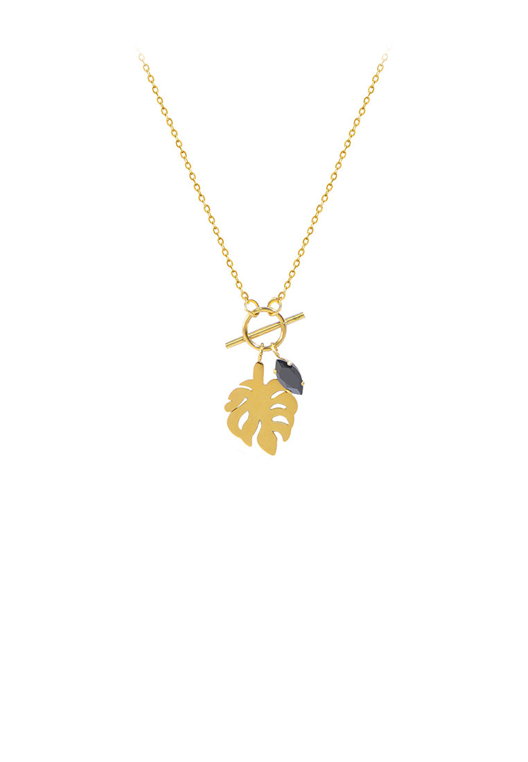 Fashion Temperament Plated Gold 316L Stainless Steel Leaf Pendant with Black Cubic Zirconia and Necklace - Luxurious Look