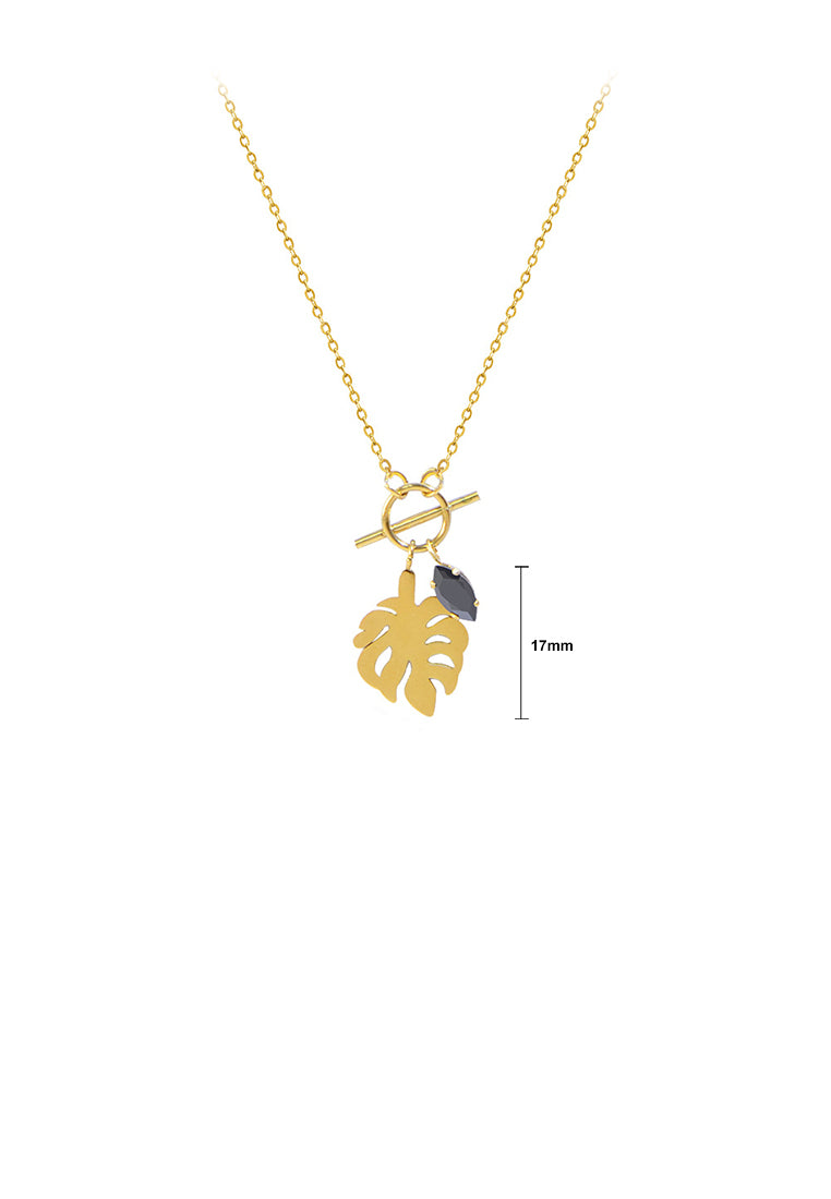 Fashion Temperament Plated Gold 316L Stainless Steel Leaf Pendant with Black Cubic Zirconia and Necklace - Luxurious Look