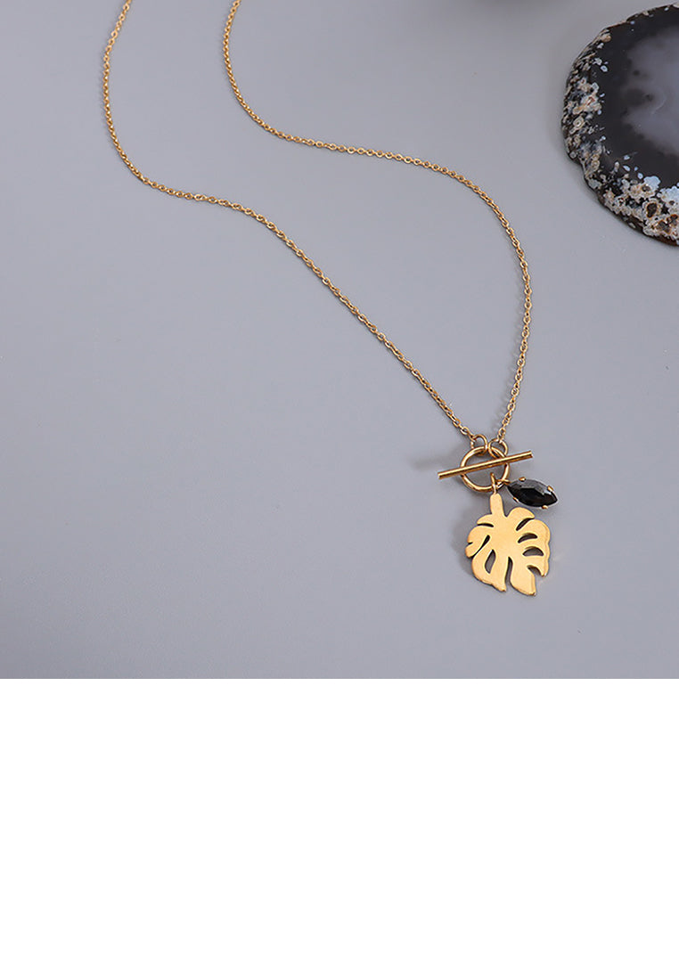Fashion Temperament Plated Gold 316L Stainless Steel Leaf Pendant with Black Cubic Zirconia and Necklace - Luxurious Look