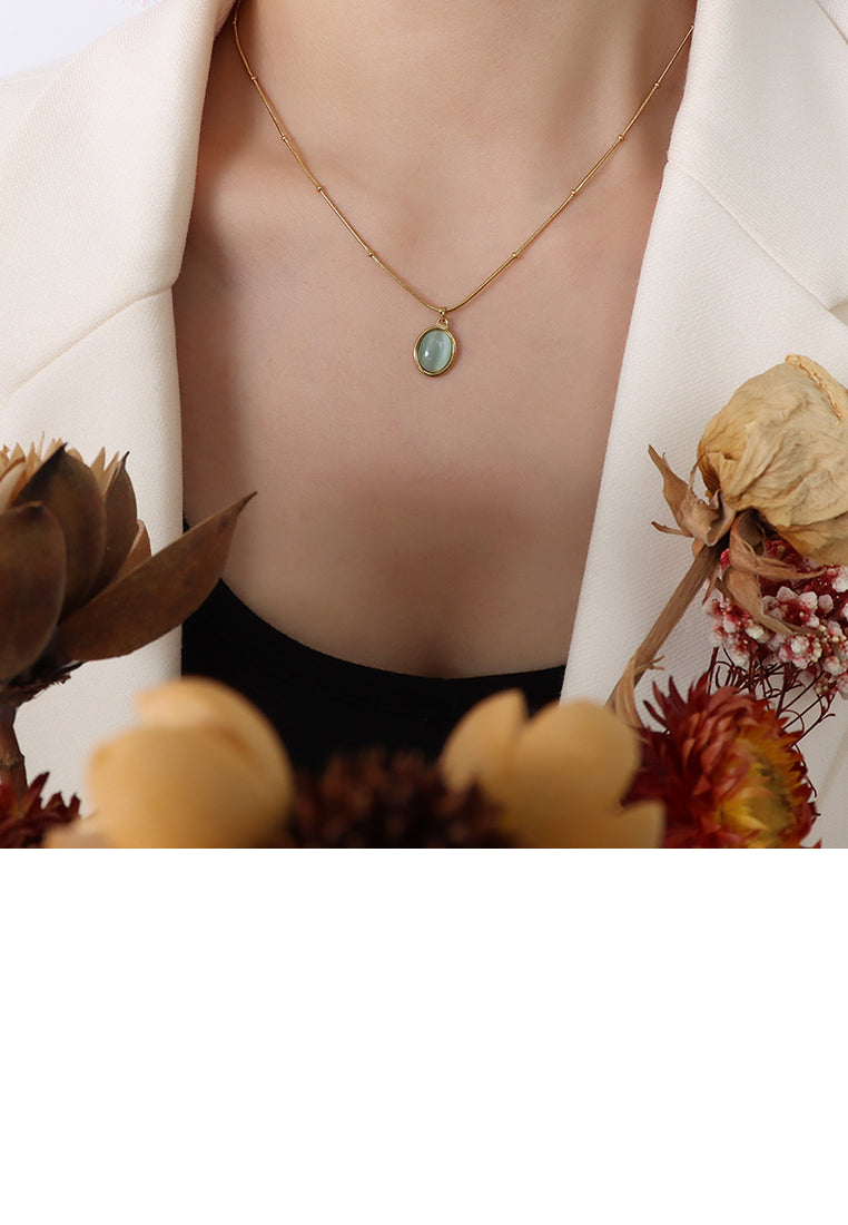 Fashion Temperament Plated Gold 316L Stainless Steel Geometric Imitation Oval Pendant with Imitation Opal and Necklace