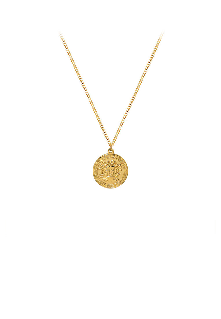 Fashion Elegant Plated Gold 316L Stainless Steel Medusa Portrait Geometric Round Pendant with Necklace
