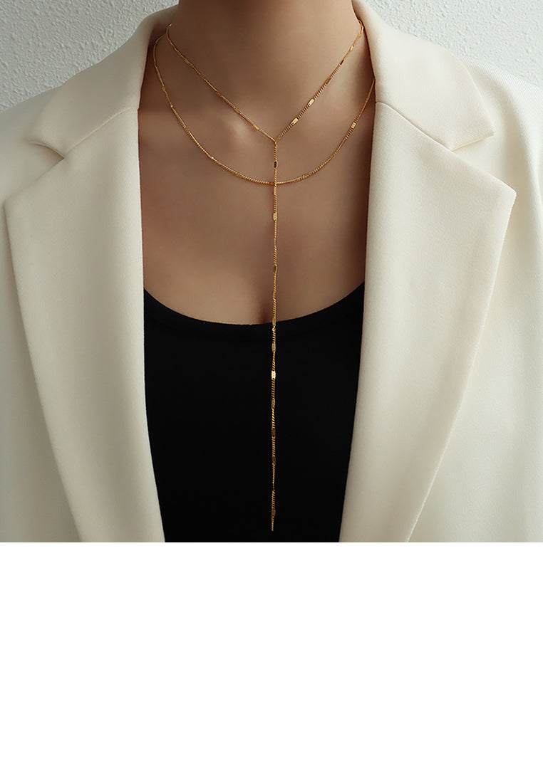 Simple Temperament Plated Gold 316L Stainless Steel Geometric Tassel Pendant with Double Layer Necklace