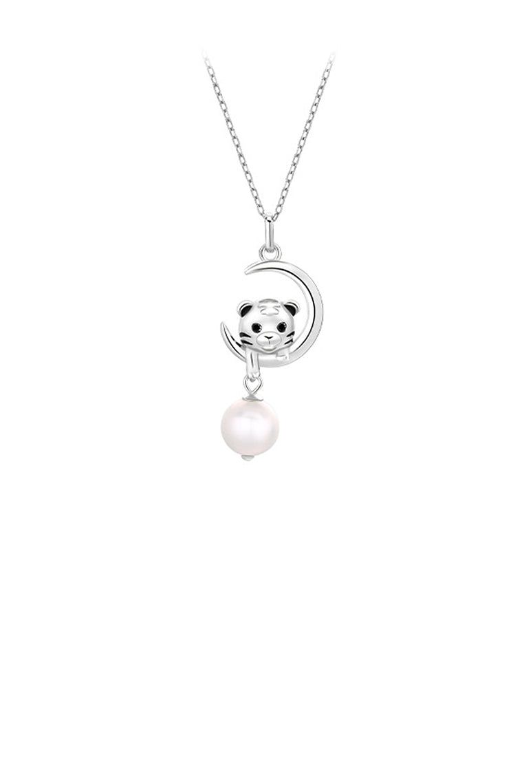 925 Sterling Silver Fashion Cute Twelve Zodiac Tiger Pendant with Freshwater Pearl and Necklace - Luxurious Look