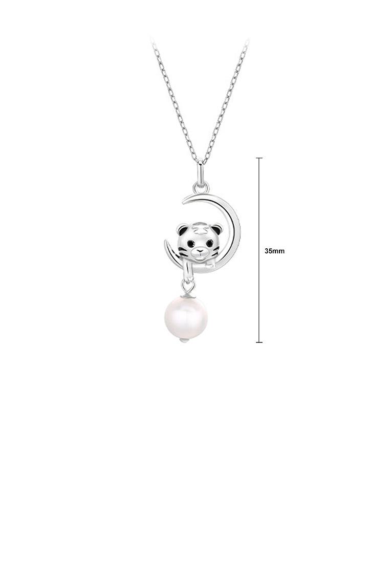 925 Sterling Silver Fashion Cute Twelve Zodiac Tiger Pendant with Freshwater Pearl and Necklace - Luxurious Look