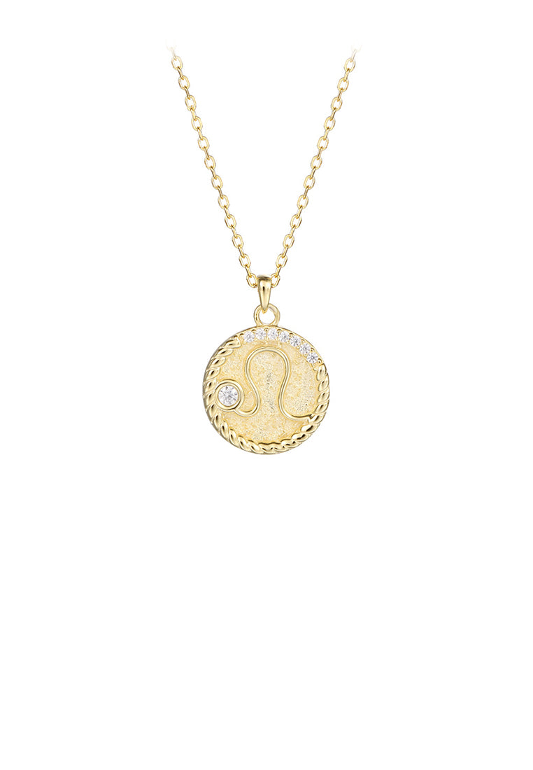 925 Sterling Silver Plated Gold Fashion Simple Twelve Constellation Leo Geometric Round Pendant with Cubic Zirconia and Necklace - Luxurious Look