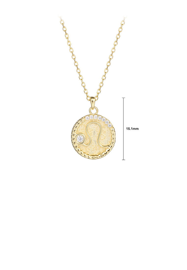 925 Sterling Silver Plated Gold Fashion Simple Twelve Constellation Leo Geometric Round Pendant with Cubic Zirconia and Necklace - Luxurious Look