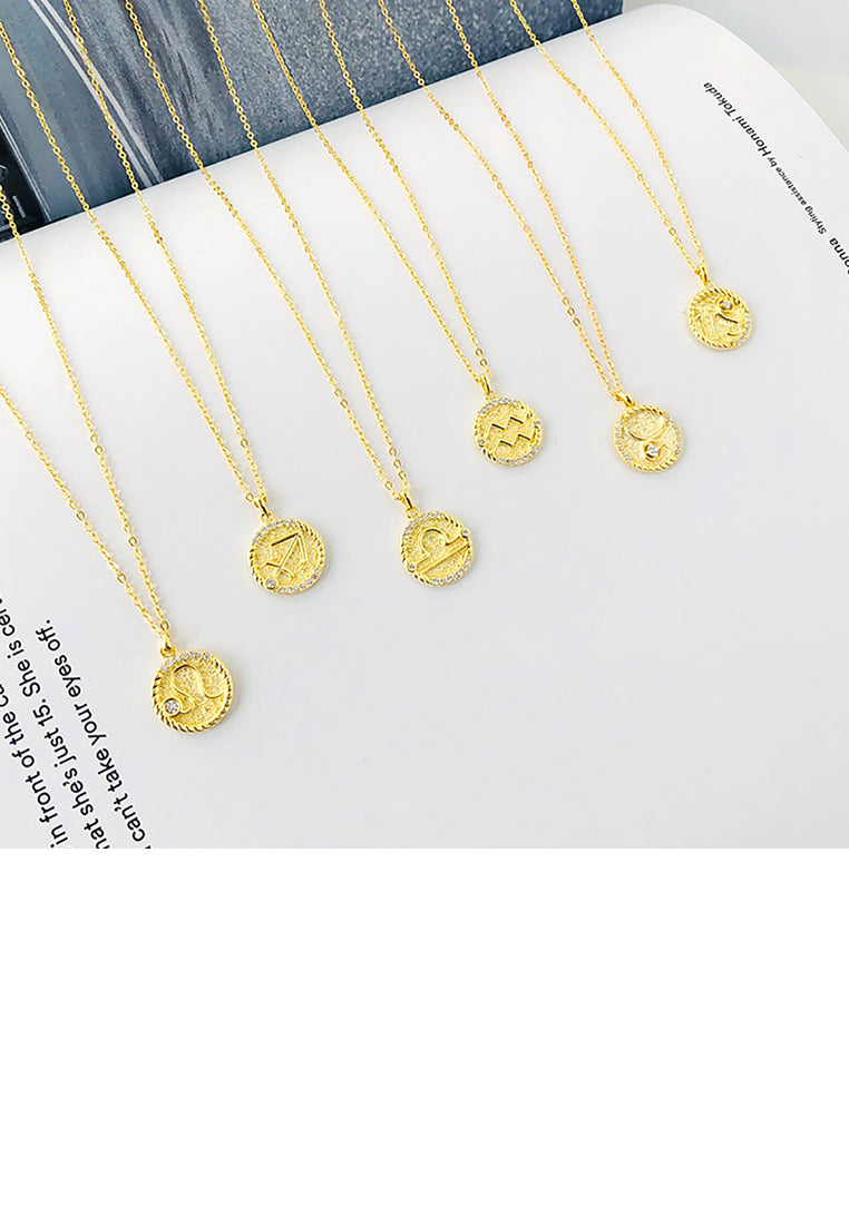 925 Sterling Silver Plated Gold Fashion Simple Twelve Constellation Leo Geometric Round Pendant with Cubic Zirconia and Necklace - Luxurious Look