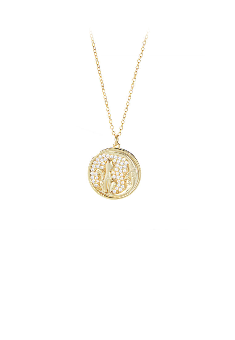 925 Sterling Silver Plated Gold Fashion Simple Cat Geometric Round Pendant with Cubic Zirconia and Necklace - Luxurious Look