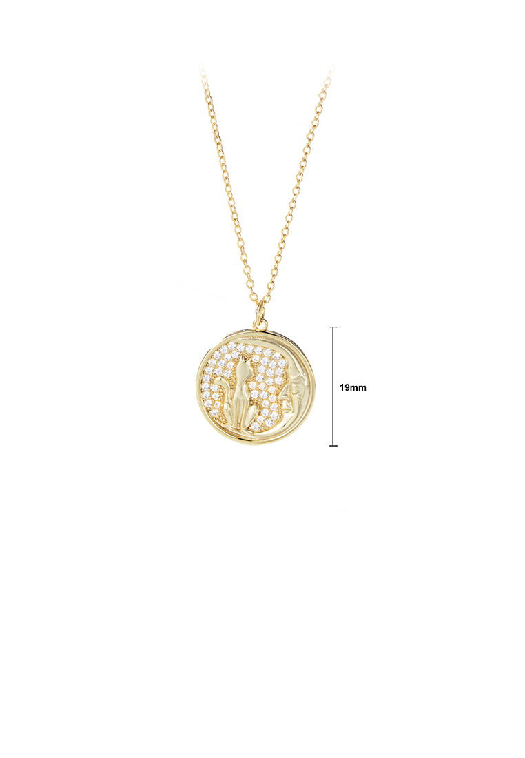 925 Sterling Silver Plated Gold Fashion Simple Cat Geometric Round Pendant with Cubic Zirconia and Necklace - Luxurious Look