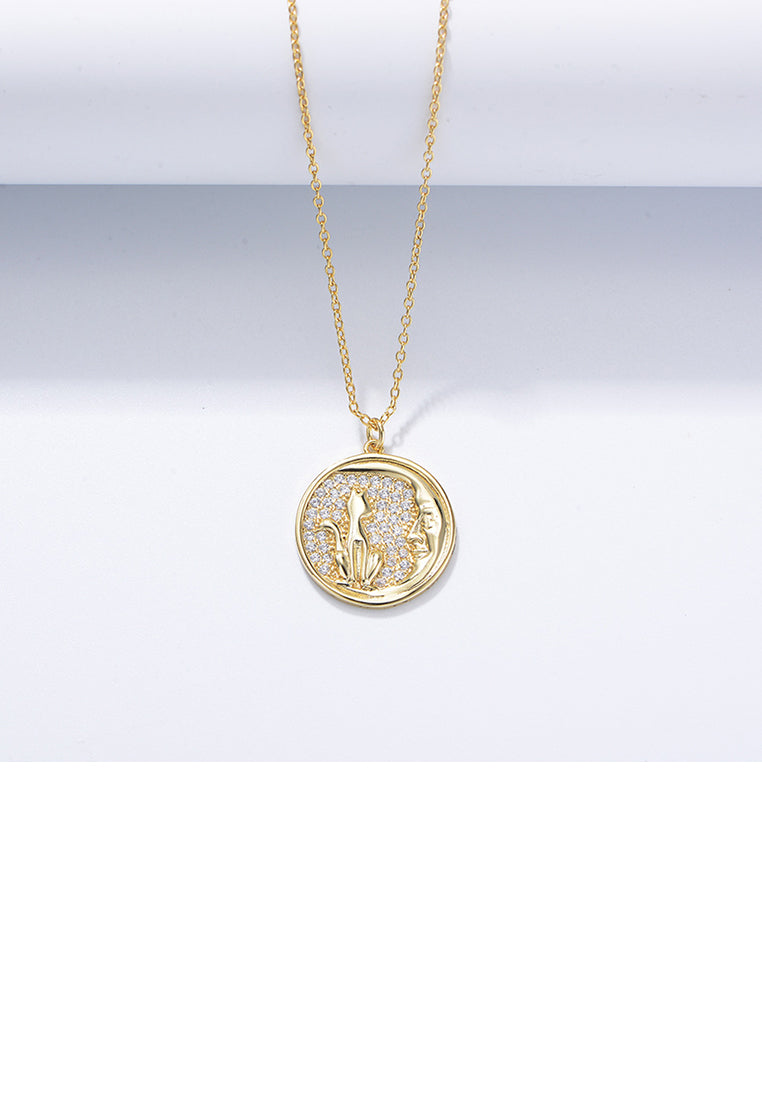 925 Sterling Silver Plated Gold Fashion Simple Cat Geometric Round Pendant with Cubic Zirconia and Necklace - Luxurious Look