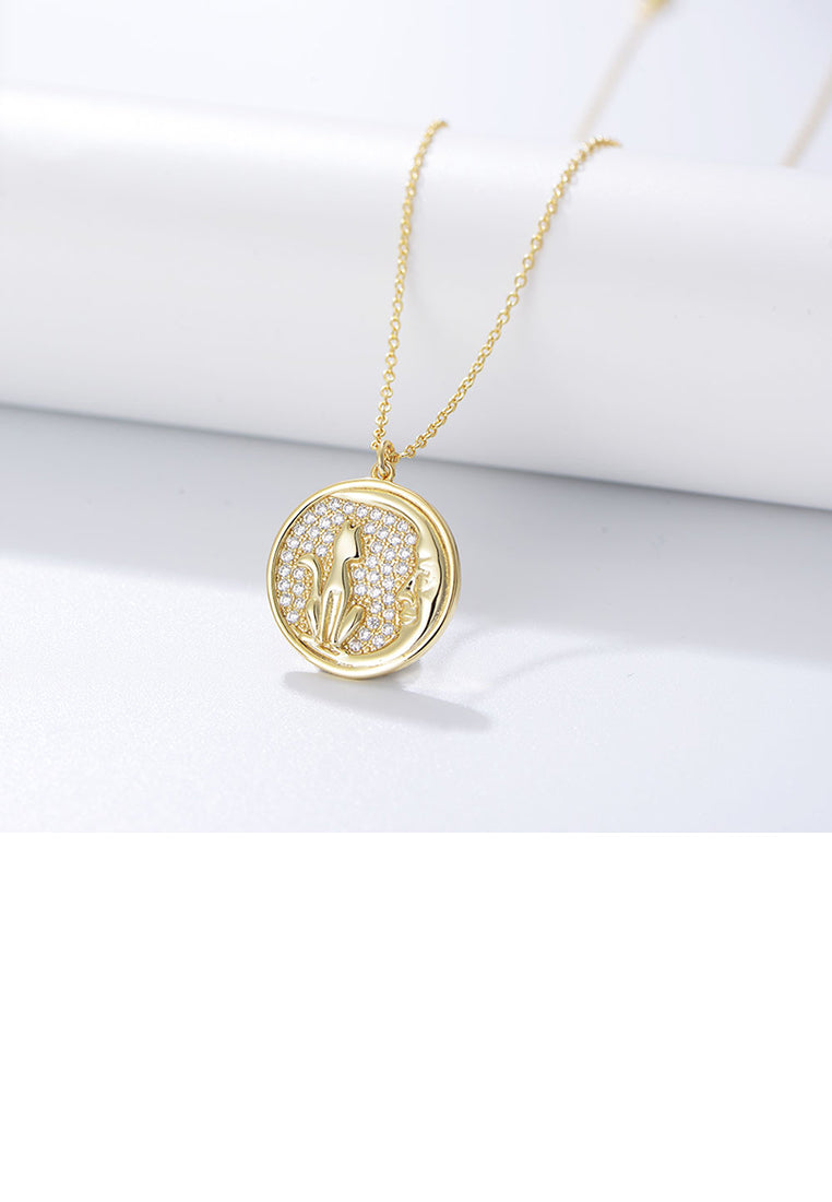 925 Sterling Silver Plated Gold Fashion Simple Cat Geometric Round Pendant with Cubic Zirconia and Necklace - Luxurious Look