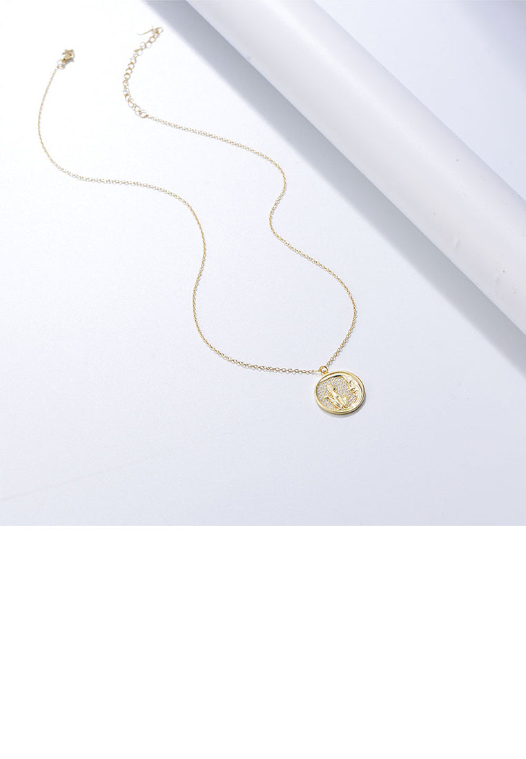925 Sterling Silver Plated Gold Fashion Simple Cat Geometric Round Pendant with Cubic Zirconia and Necklace - Luxurious Look