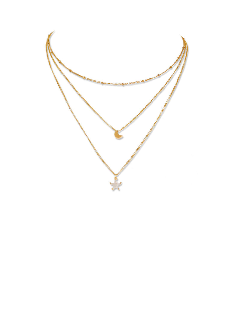 Fashion Simple Plated Gold Moon Star Pendant with Cubic Zirconia and Multilayer Necklace - Luxurious Look