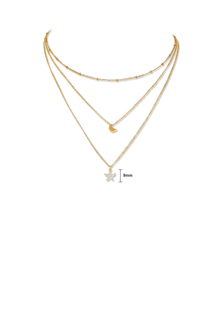 Fashion Simple Plated Gold Moon Star Pendant with Cubic Zirconia and Multilayer Necklace - Luxurious Look