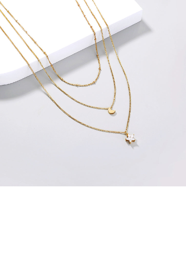 Fashion Simple Plated Gold Moon Star Pendant with Cubic Zirconia and Multilayer Necklace - Luxurious Look