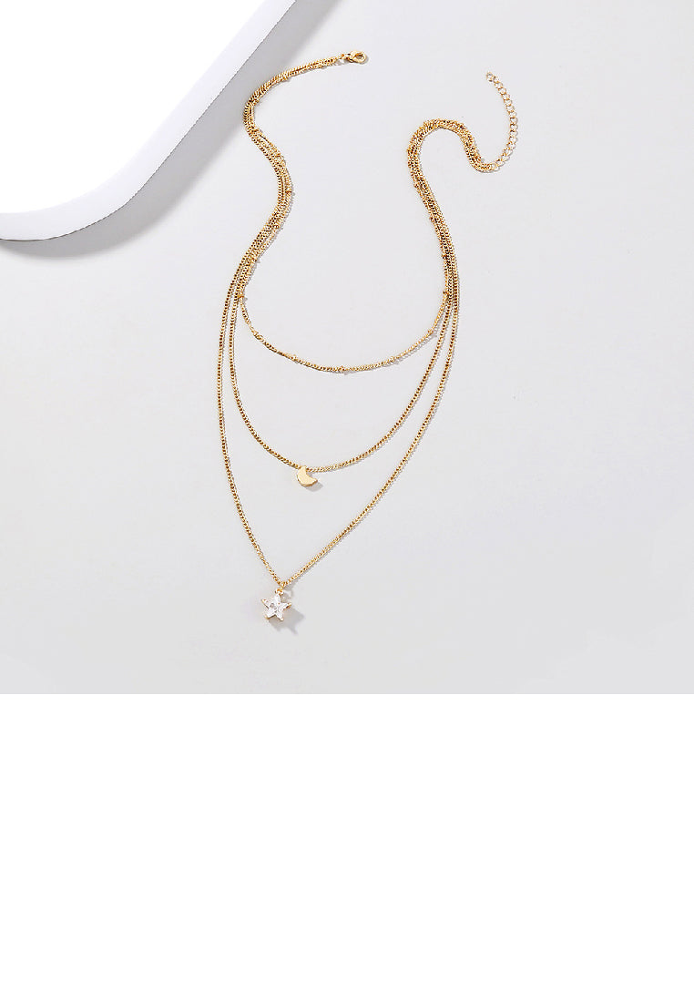 Fashion Simple Plated Gold Moon Star Pendant with Cubic Zirconia and Multilayer Necklace - Luxurious Look