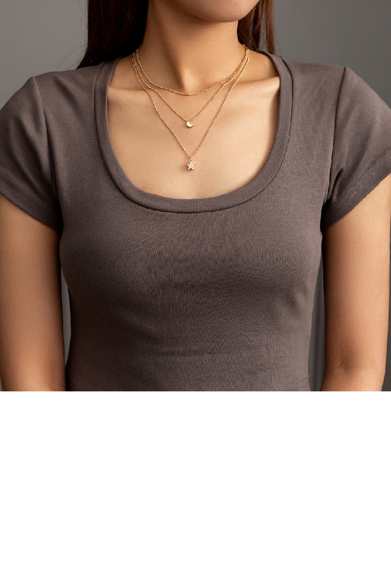 Fashion Simple Plated Gold Moon Star Pendant with Cubic Zirconia and Multilayer Necklace - Luxurious Look
