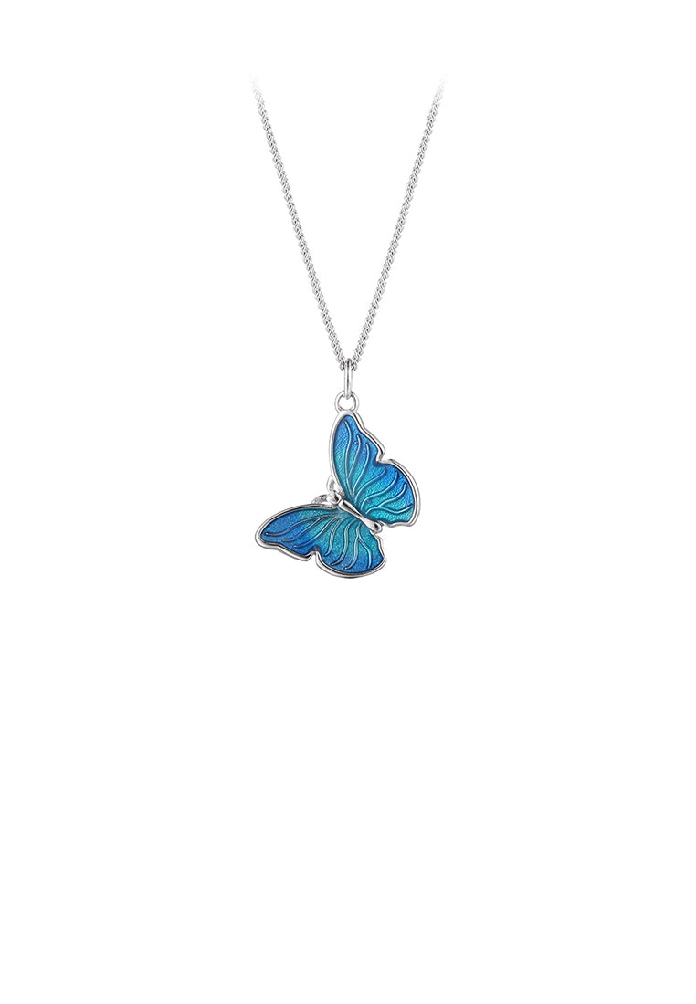 925 Sterling Silver Fashion Simple Enamel Blue Butterfly Pendant with Necklace