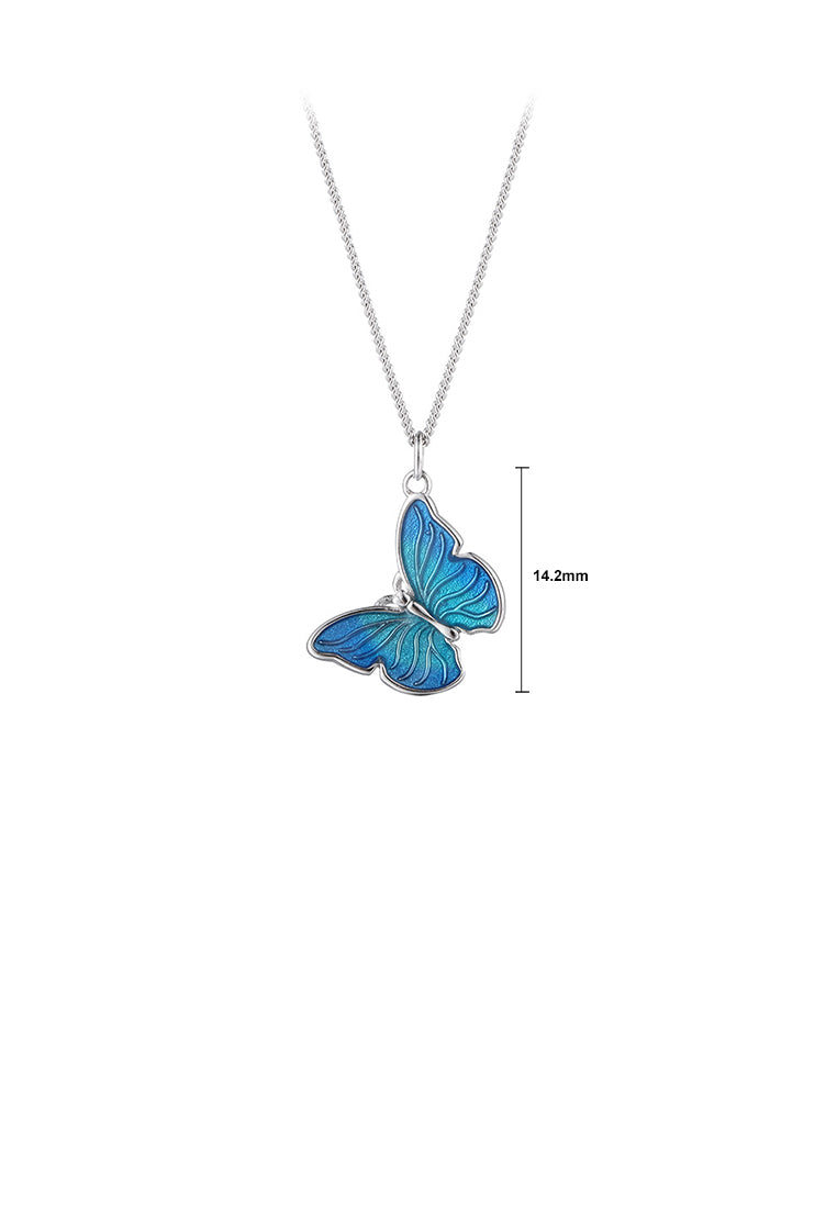 925 Sterling Silver Fashion Simple Enamel Blue Butterfly Pendant with Necklace