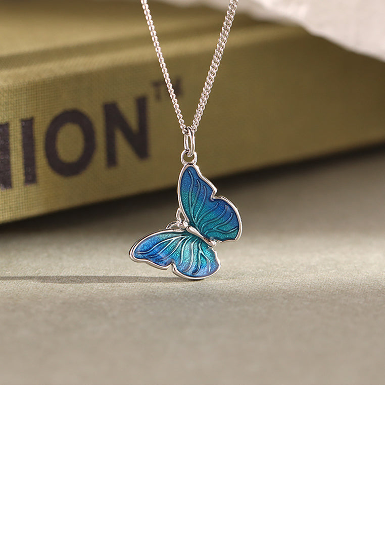 925 Sterling Silver Fashion Simple Enamel Blue Butterfly Pendant with Necklace