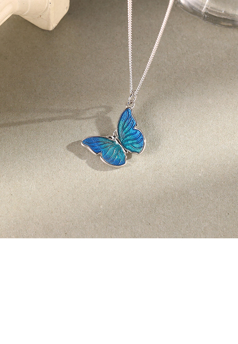 925 Sterling Silver Fashion Simple Enamel Blue Butterfly Pendant with Necklace